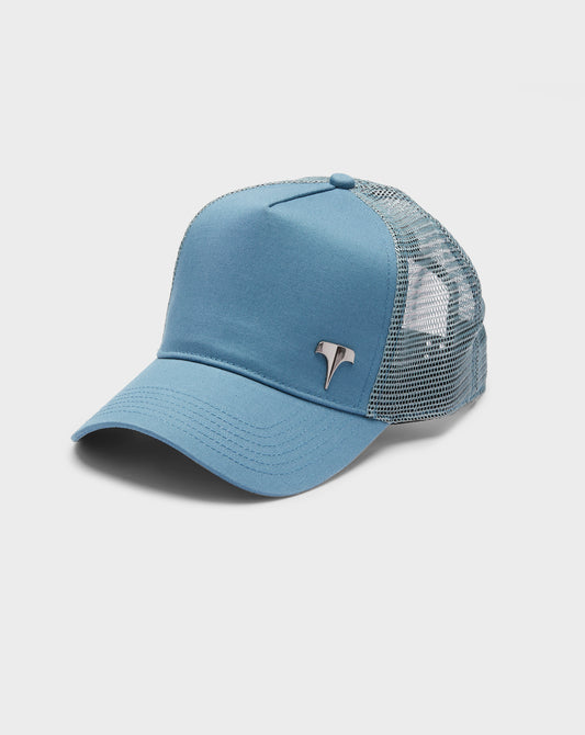 COTTON ‘METAL T’ TRUCKER CAP / PETROL BLUE