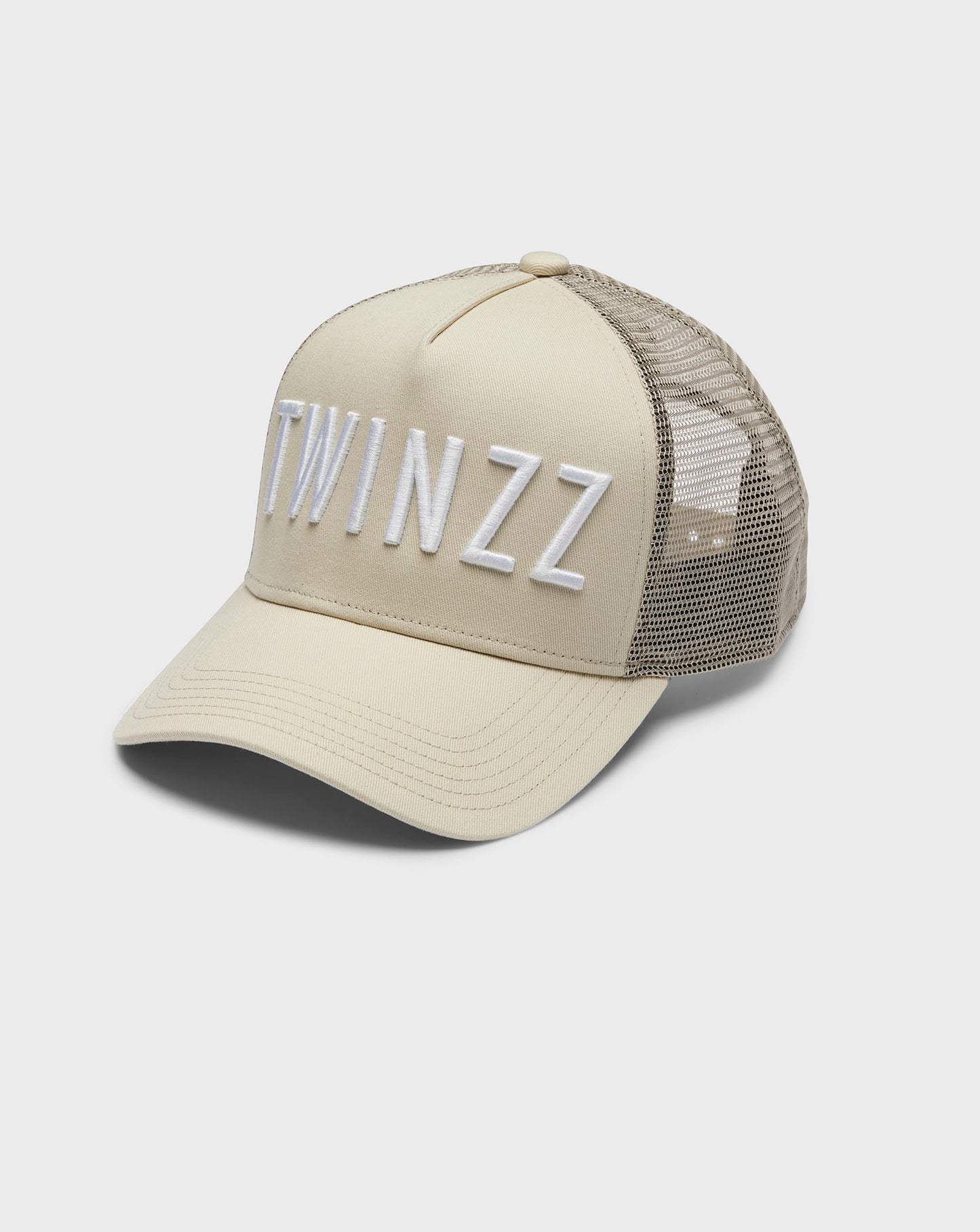 COTTON MESH LOGO TRUCKER - STONE AND WHITE