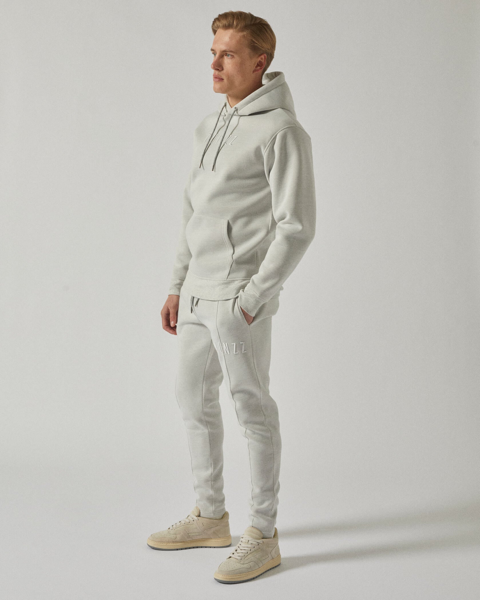 Twinzz grey hoodie and joggers on model