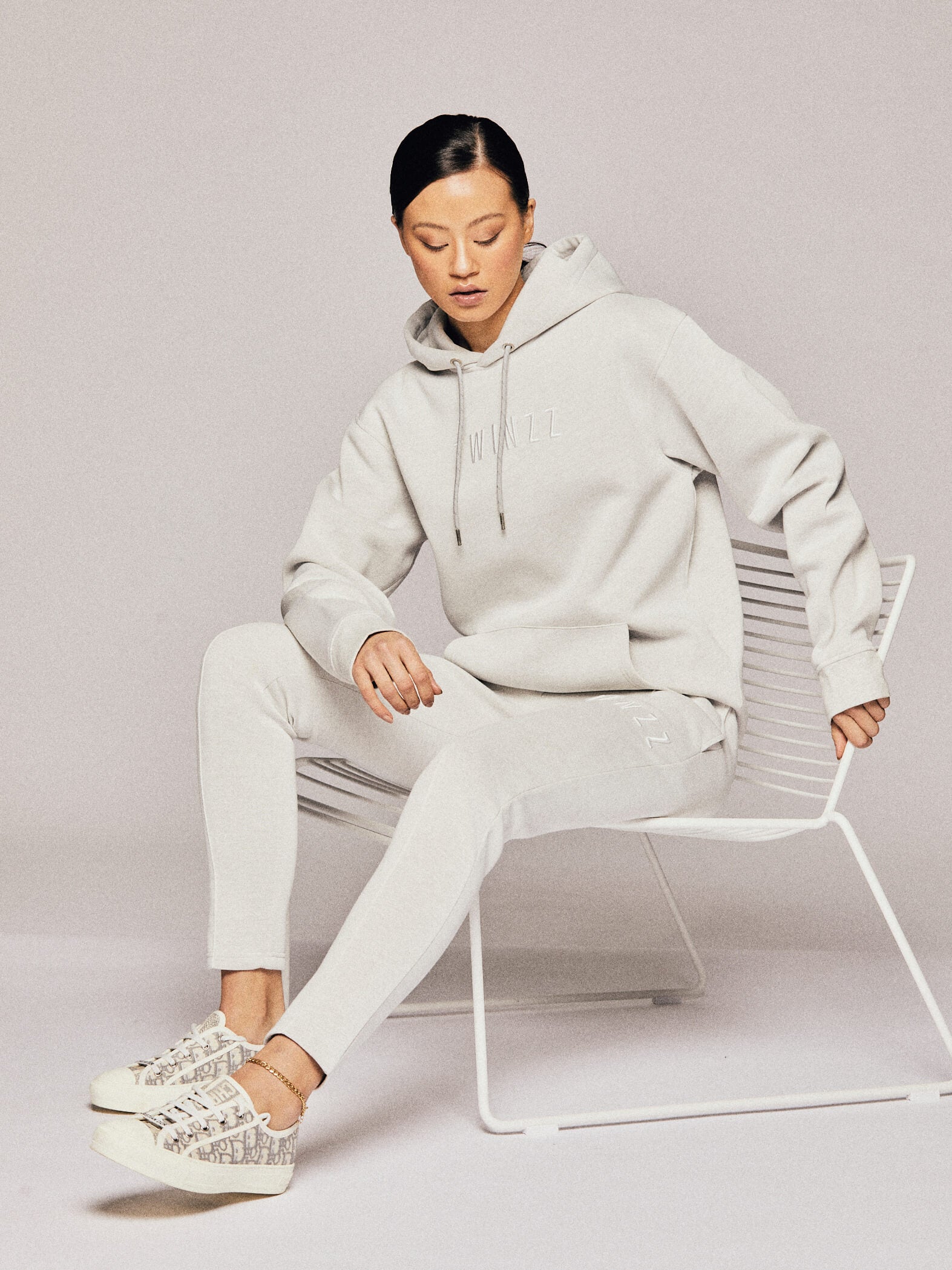 Twinzz grey joggers and hoodie on female model