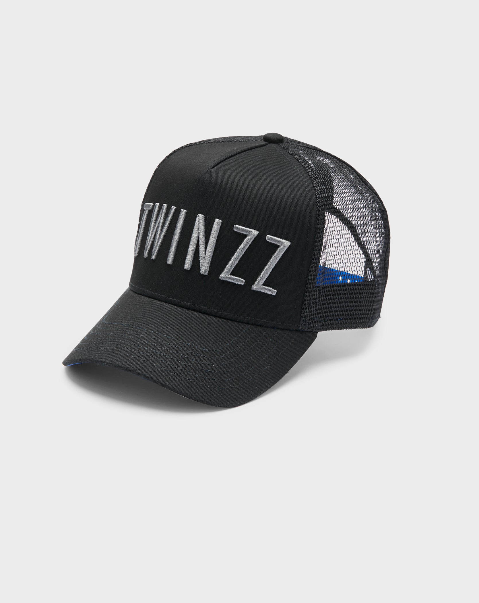 Twinzz black trucker hat with silver logo and blue strap