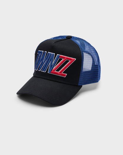 TWO TONE ITALIC MESH TRUCKER - BLACK/BLUE/RED