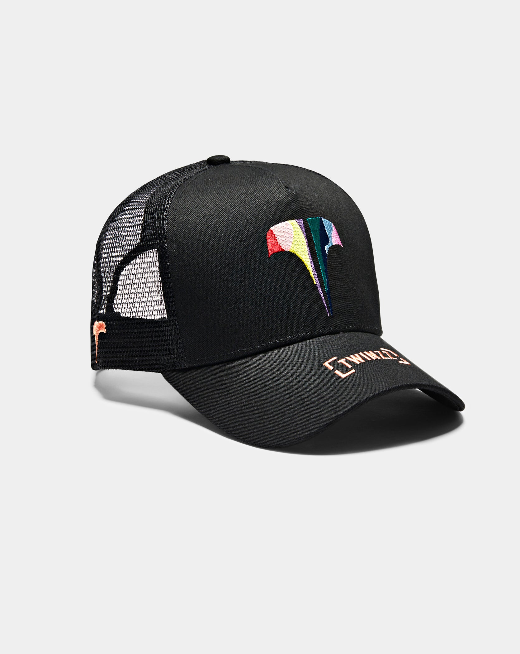 Twinzz black trucker hat with multicoloured logo