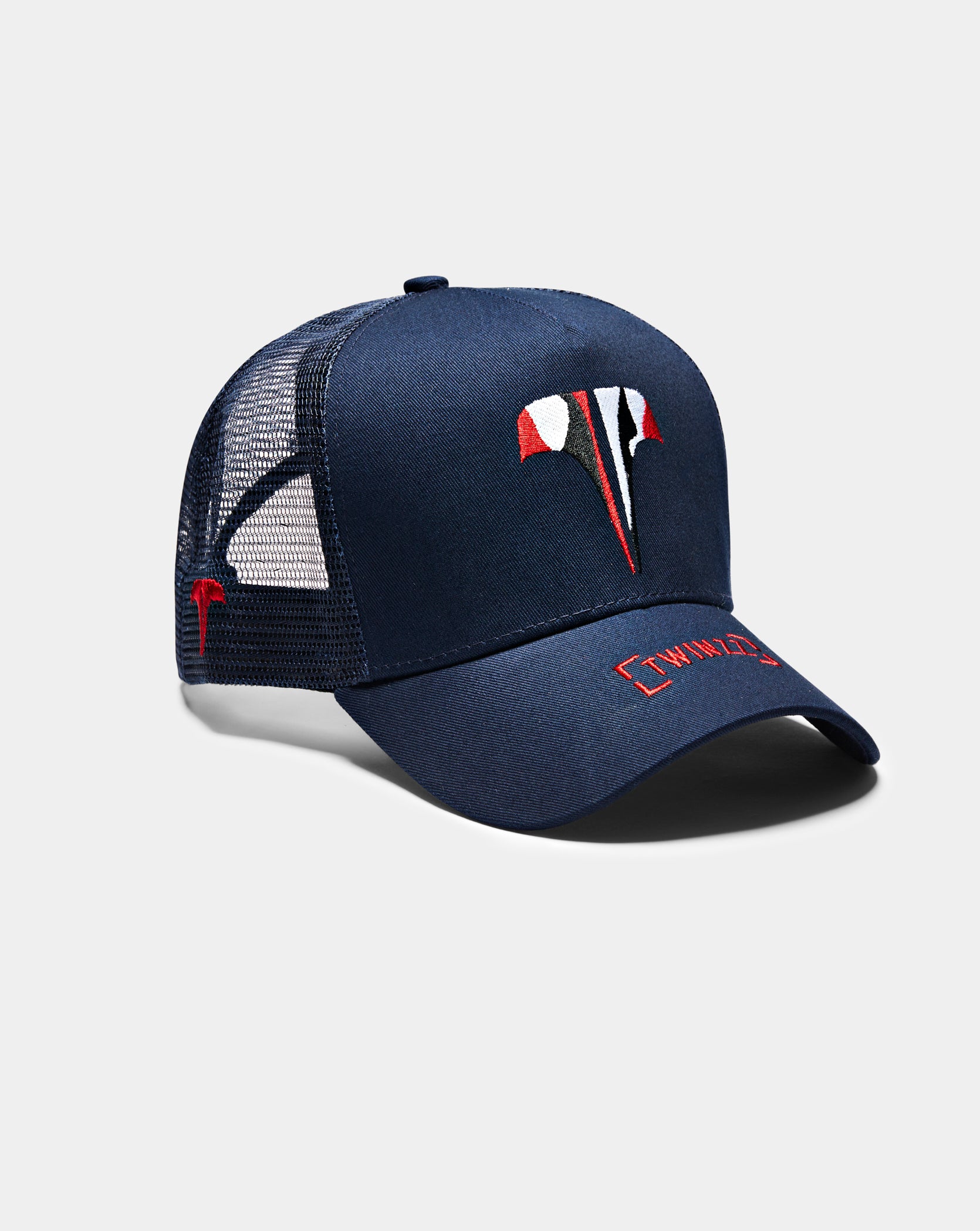 Twinzz navy trucker hat with red and white logo